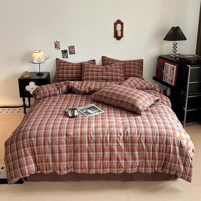 PinkMemory Caramel Blue Gingham Duvet Cover King 100% Washed Cotton Buffalo - Image 2