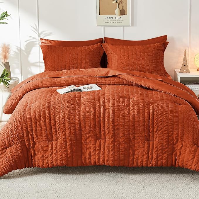 HYMOKEGE Burnt Orange Twin Comforter Set Seersucker 5 Pieces, All Season Luxury - Image 8