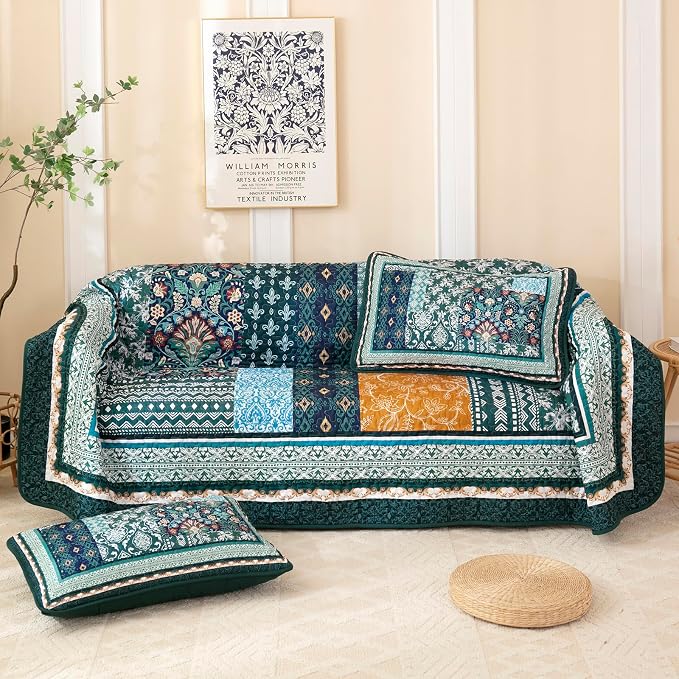 WONGS BEDDING Green Quilt Set Queen Size, 3 Pieces Boho Patchwork Quilt - Image 6