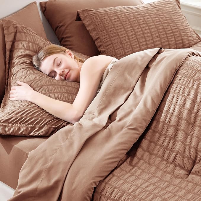 CozyLux King Size Comforter Set Mocha Mousse Seersucker 7 Pieces Bed in a Bag - Image 5