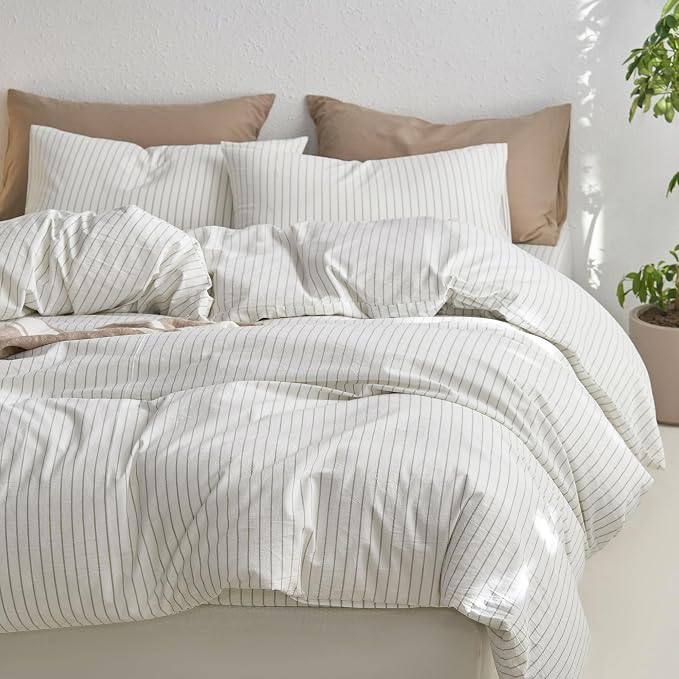 MooMee Striped Duvet Cover Set 100% Washed Cotton Linen Like Textured - Image 4