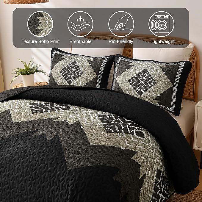 Dintszyayue Black Boho Quilt Set Queen, Aztec Western Quilt Bedspread Set - Image 5