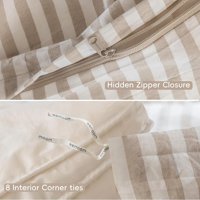 MooMee Striped Duvet Cover Set 100% Washed Cotton Linen Like Textured - Image 7