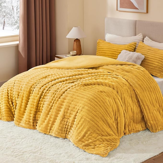 BEDELITE Fleece California King Comforter Set -Super Soft & Warm Fluffy Mustard - Image 2
