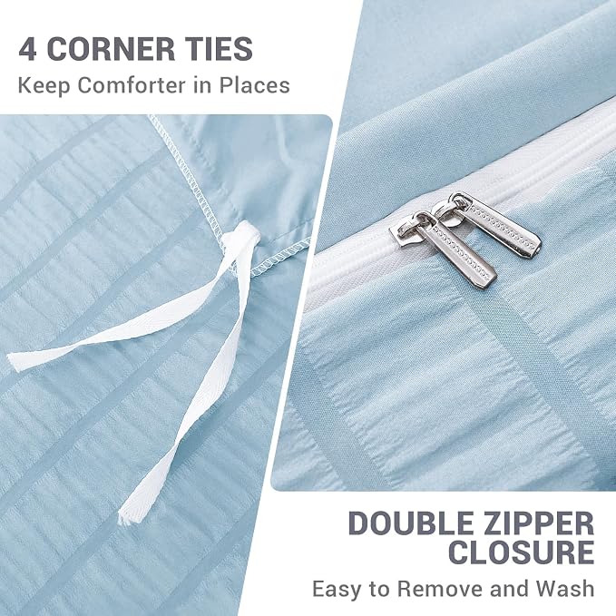 HYMOKEGE Lake Blue Duvet Cover Full Size, Ultra Soft 3-Piece Seersucker Duvet - Image 5