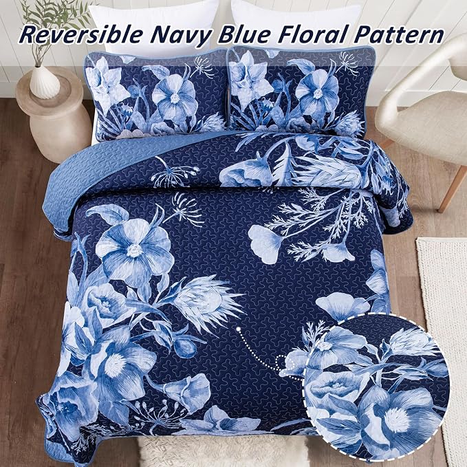 Floral Quilt Set Queen 3 Pieces Navy Blue Floral Quilt Coverlet Set Soft - Image 3