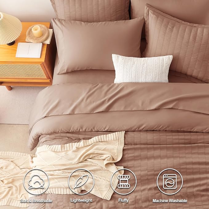 CozyLux Queen Comforter Set Mocha Mousse Seersucker 7 Pieces Bed in a Bag Queen - Image 2