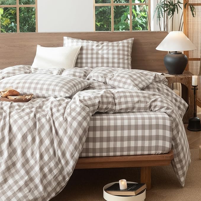 MooMee Gingham Duvet Cover Set 100% Washed Cotton Linen Like Textured - Image 6