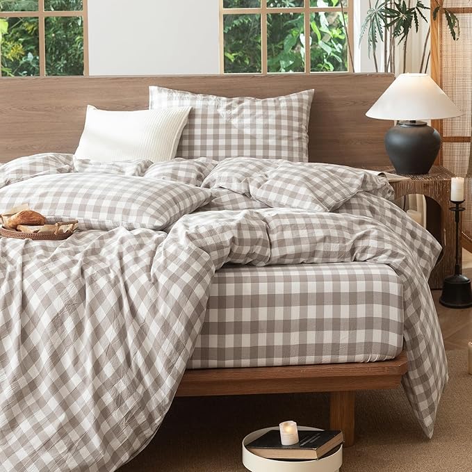 MooMee Gingham Duvet Cover Set 100% Washed Cotton Linen Like Textured - Image 6