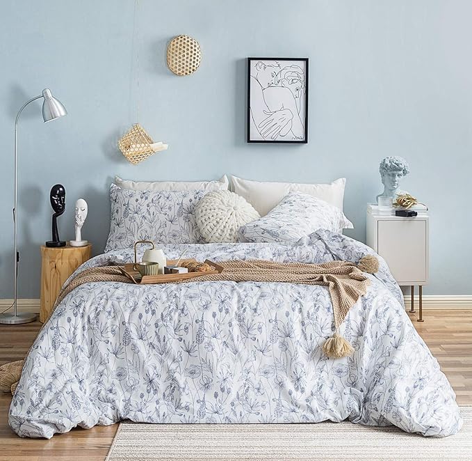 SUSYBAO Blue White Flower Duvet Cover King 100% Cotton 3 Pcs Set 1 Vintage Navy by SUSYBAO