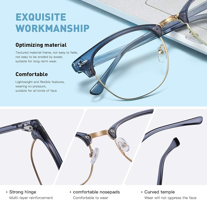 Blue Light Blocking Glasses Vintage Half Frame UV Clear Lens Anti Eyestrain - Image 3