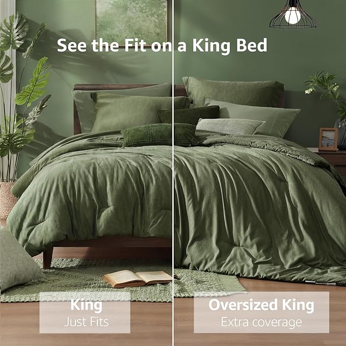 Monbix King Size Comforter Set, Olive Green King Bed Set Reversible, King Size - Image 3