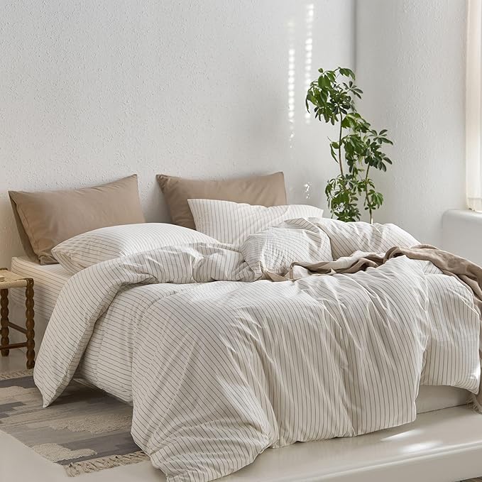 MooMee Striped Duvet Cover Set 100% Washed Cotton Linen Like Textured - Image 4