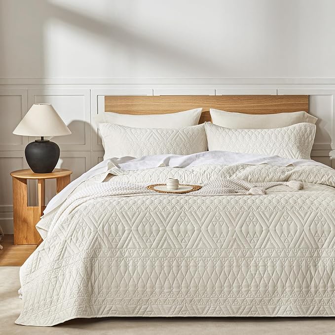akkialla Full/Queen Quilt Set, Boho Style in a Solid Color, Cream Lightweight by akkialla