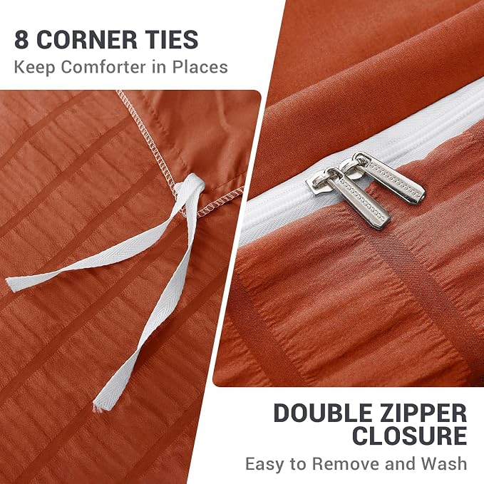 HYMOKEGE Burnt Orange Duvet Cover Full Size, Ultra Soft 3-Piece Seersucker - Image 5