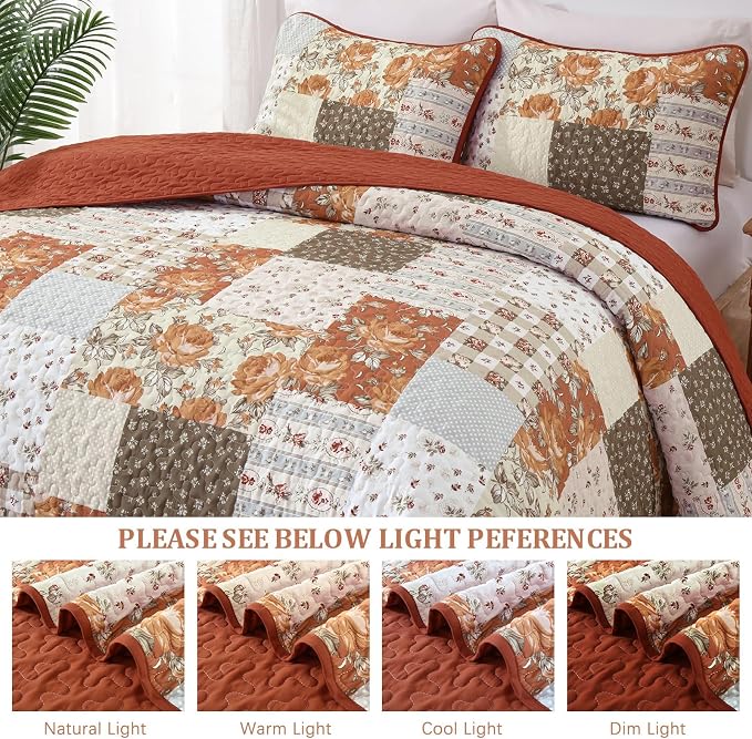 Patchwork Quilts Set Queen Size 3 Pieces Terracotta Plaid Bedspread Coverlet Set - Image 8