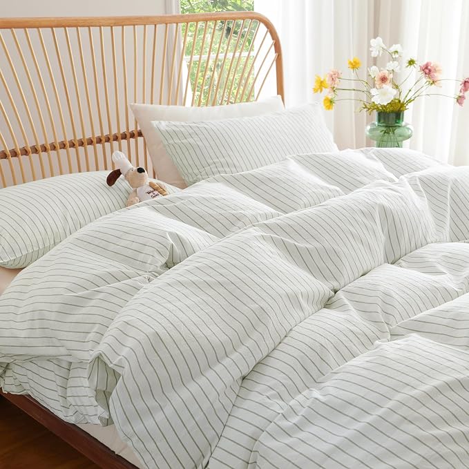 Nayoroom Striped Duvet Cover Queen Size 100% Washed Cotton White Green Stripe by Nayoroom