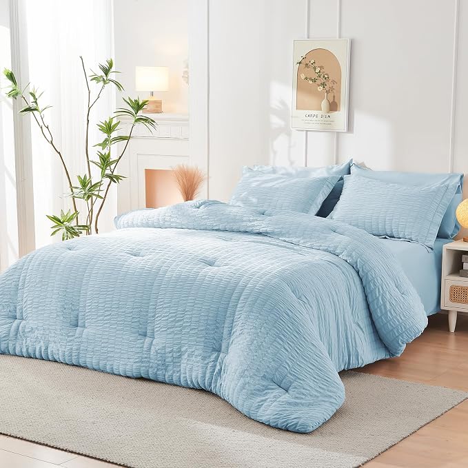 HYMOKEGE Lake Blue Duvet Cover Full Size, Ultra Soft 3-Piece Seersucker Duvet - Image 6