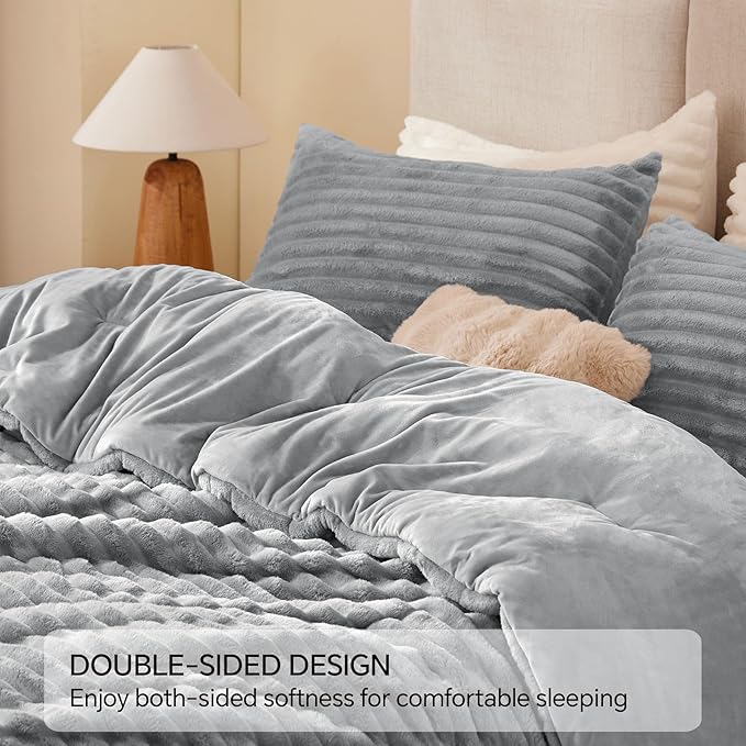 BEDELITE Fleece Queen Comforter Set -Super Soft & Warm Fluffy Light Grey Bedding - Image 5