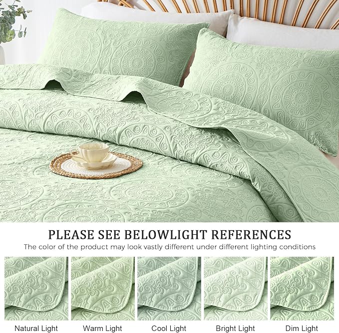 WURUIBO Light Green Quilt Set Queen Size, Embossing Microfiber Full Bedspreads - Image 6