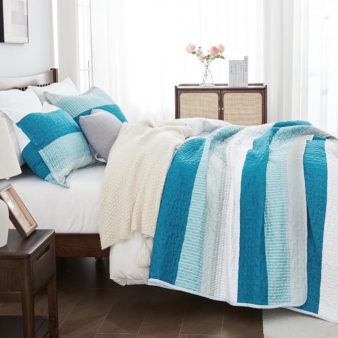 Andency Teal and White Striped Quilt Set Cal King, 3 Pieces Patchwork Bedspread - Image 2