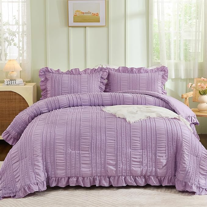WONGS BEDDING Purple Comforter Set King, 3 Pieces Ruffle Farmhouse Shabby Chic - Image 4