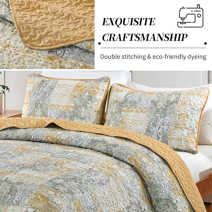 Mybedsoul Yellow Boho Quilt Set Queen Size 3 Pieces Grey and Yellow Plaid - Image 6