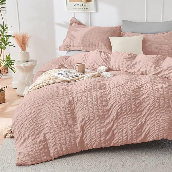 HYMOKEGE Rose Gold/Light Grey California King Comforter Set Seersucker 7 Pieces - Image 2