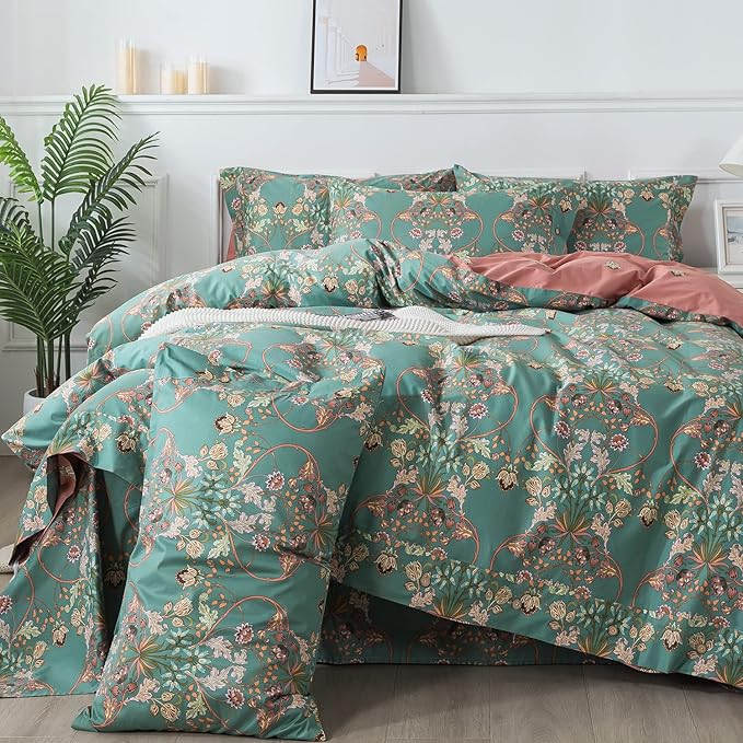 FADFAY Floral Duvet Cover Queen Button Closure 100% Cotton 600 TC Teal by CottonWorldSweetDream