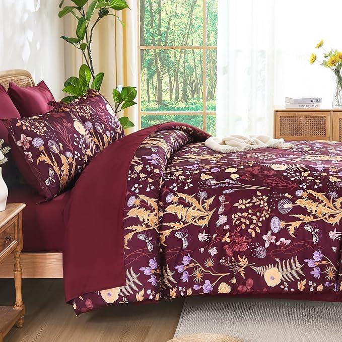 Yiran Queen Comforter Set 7 Piece, Burgundy Floral Bedding Set, Bed in a Bag - Image 3