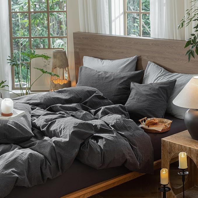 MooMee Wavy Striped Duvet Cover Set 100% Washed Cotton Linen Like Textured - Image 7