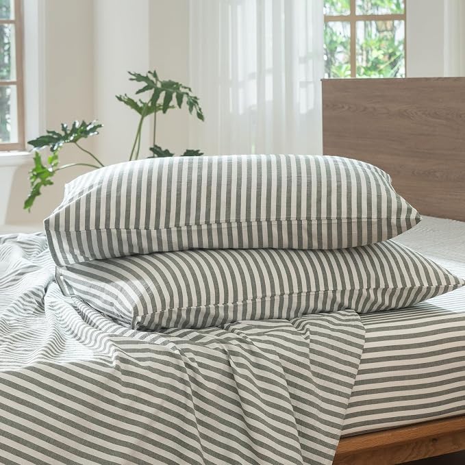 MooMee Striped Duvet Cover Set 100% Washed Cotton Linen Like Textured - Image 9
