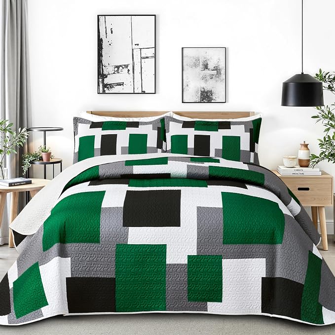 Tyrot 3 Piece Green Quilt Set King Size Green Black White Geometric Reversible by TyrotHomeDecor