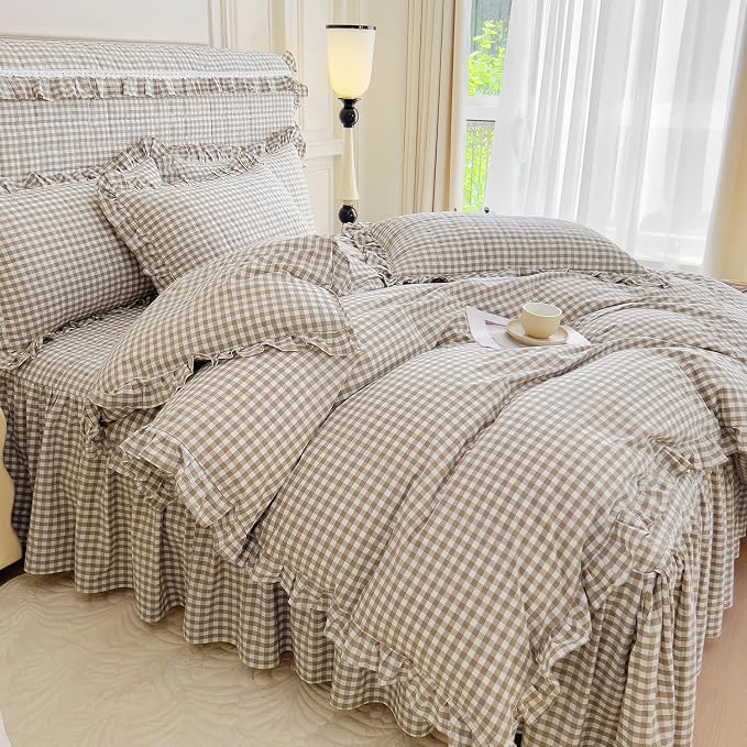 mixinni Tan Gingham Ruffle Duvet Cover Queen Size 3 Pieces – 100% Washed Cotton - Image 5
