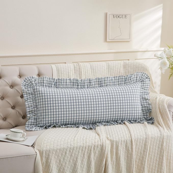 Light Blue/White Ruffled Long Lumbar Gingham Pillow Sham 14x36 inches 1 Piece - Image 5