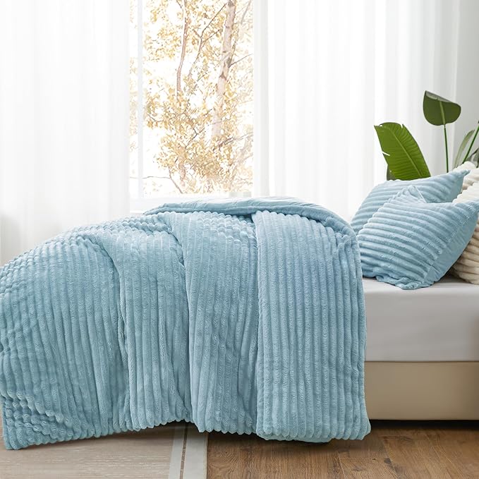BEDELITE Fleece Queen Comforter Set -Super Soft & Warm Fluffy Light Blue Bedding - Image 2