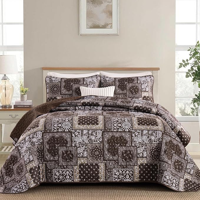Cottolester Brown Patchwork Quilt Set Queen Size, 3 Pieces Boho Paisley Quilt by Cottolester