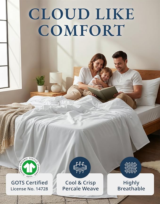 LANE LINEN 100% Organic Cotton White Twin XL Sheets Set 3-Piece Pure Percale - Image 2