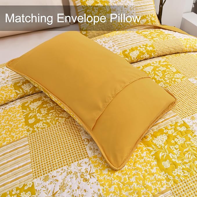 Mybedsoul Yellow Boho Quilt Set King Size, 3 Pieces Plaid Floral Bedspread - Image 6