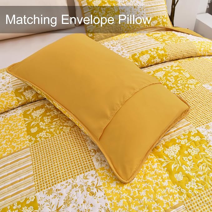 Mybedsoul Yellow Boho Quilt Set Queen Size, 3 Pieces Plaid Floral Bedspread - Image 6
