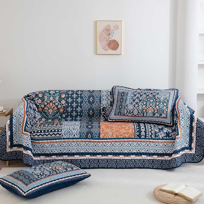 WONGS BEDDING Navy Blue Quilt Set Queen Size, Bohemian Patchwork Bedspread - Image 8