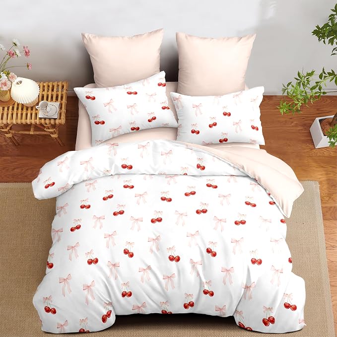 Nayoroom Pink Bow Duvet Cover Full Size Reversible Red Cherry Duvet Cover 3 - Image 7
