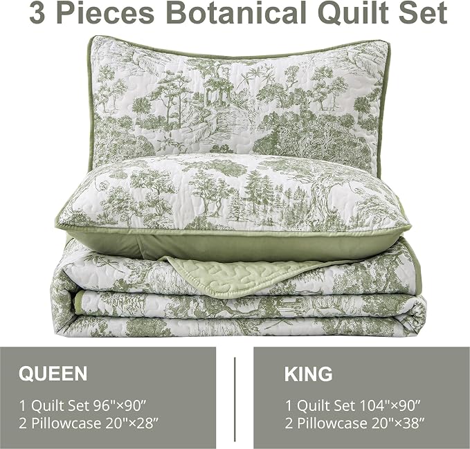 WONGS BEDDING Botanical Quilt Set King, Sage Green 3 Pieces Toile Floral Plants - Image 6