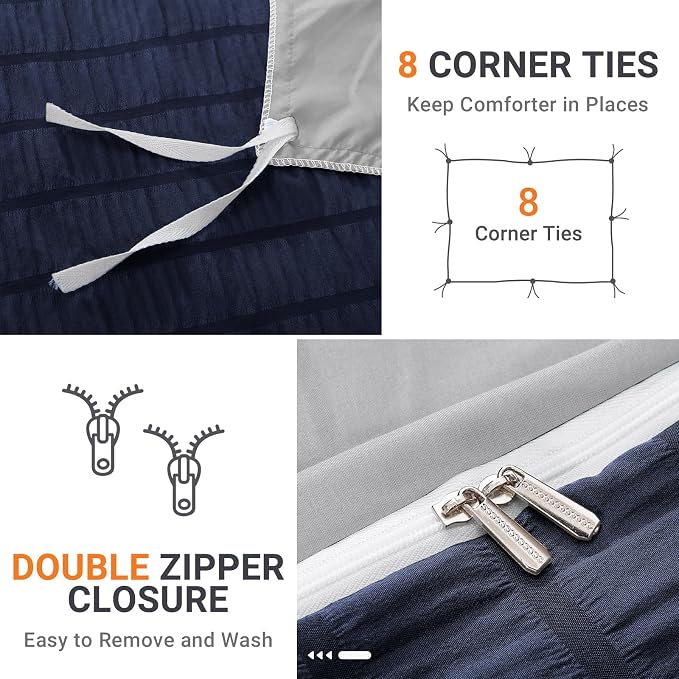 HYMOKEGE Navy Blue/Light Grey Duvet Cover King Size, Ultra Soft 3-Piece - Image 4