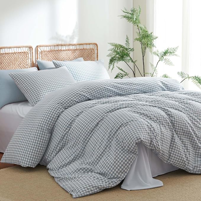 Nayoroom Gingham Duvet Cover Queen Size 100% Washed Cotton Blue Plaid Checkered - Image 3