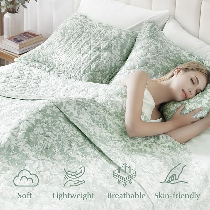 GOONE XL King Quilt Set 106"x96", Sage Green Leaf Botanical Boho Bedspread - Image 4