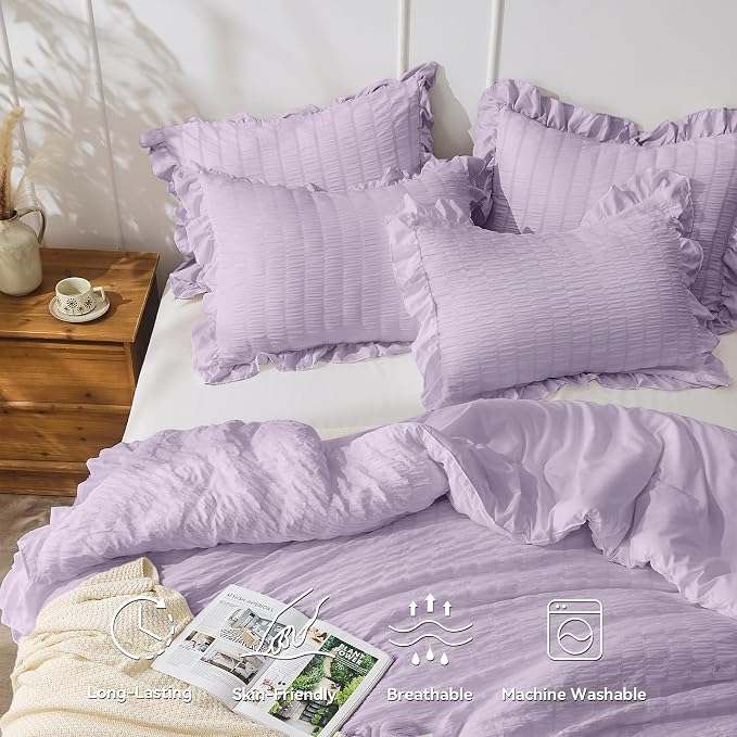 JOLLYVOGUE Lavender Queen Comforter Set, 3 Pieces Seersucker Comforters Queen - Image 3