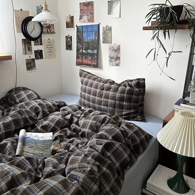 mixinni Vintage Brown & Blue Buffalo Plaid Duvet Cover Set Twin XL Size - Image 5