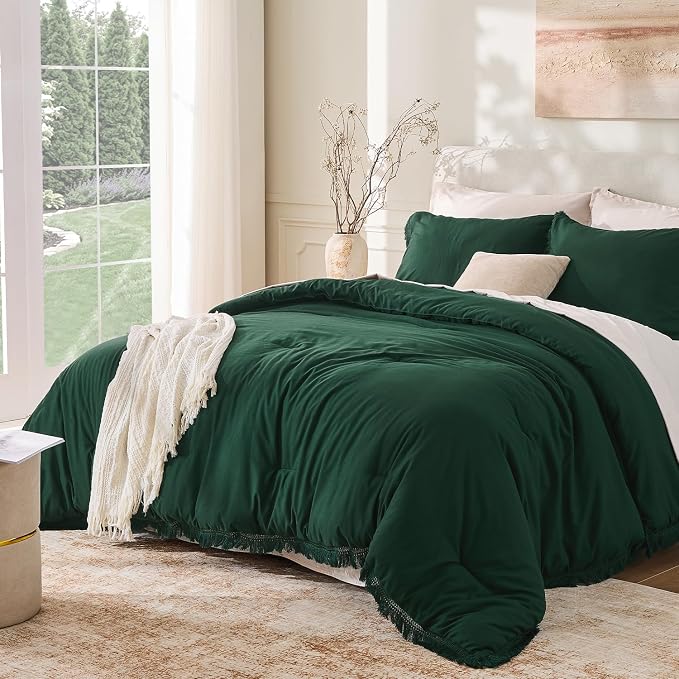 Andency Comforter Oversized King Dark Green 120x98, 3 Pieces Boho Winter by Andency