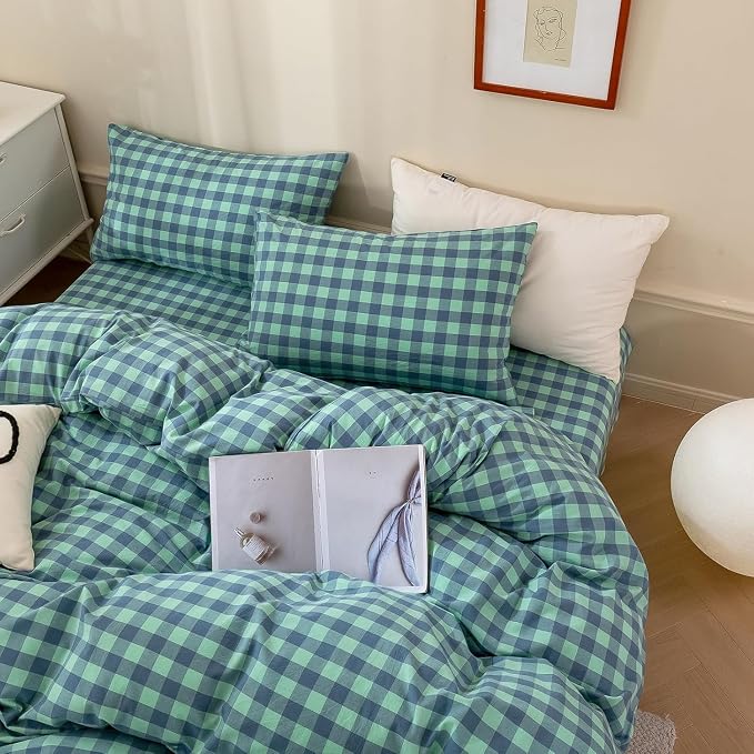 mixinni Green Gingham Grid Duvet Cover Twin, 100% Washed Cotton Modern - Image 4